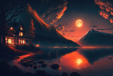 Fototapeta  - Night mountain landscape with the moon reflected in the lake, illustration generative AI