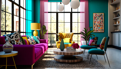 A living room with a bold, colorful aesthetic with cheerful walls and vibrant furniture, generative ai