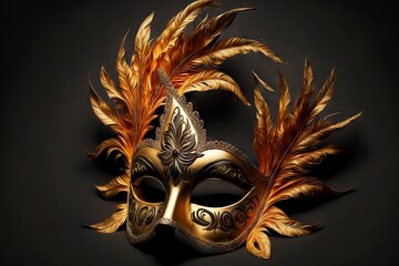 Wall Mural - Carnival Venetian mask with luxury golden plumage, created with generative ai