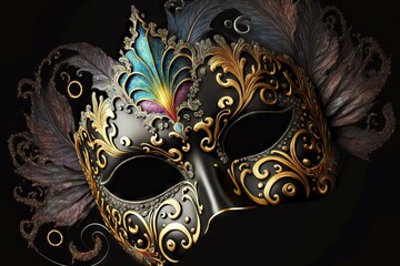 Wall Mural - Mardi Gras carnival mask for man or woman isolated on black background, created with generative ai