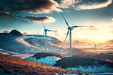 Sticker - Wind power plants of energy industry standing on slopes of mountains, created with generative ai