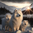 polar bear in the region.photorealistic samojed with 2 samojed puppys in snowstorm on a snowy mountain with a frozen lake in the background and some sunlight