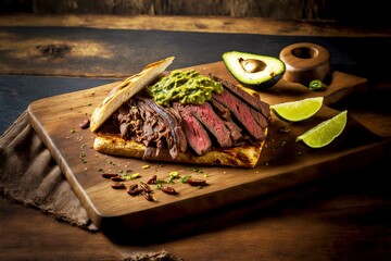 Sticker - Medium flank steak sliced on wooden board with green sauce, created with generative ai