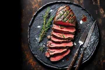 Sticker - Low-fried flank steak cut into thin pieces on large round black plate, created with generative ai