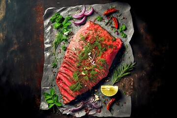 Sticker - Fried flank steak of weak roasting on stone with lemon slices and sprigs of greens, created with generative ai