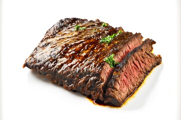 Sticker - Appetizing juicy flank steak drizzled with sauce isolated on white background, created with generative ai