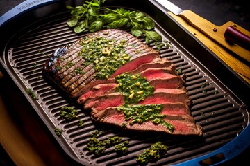 Sticker - Grilled pan-fried and drizzled with green sauce delicious flank steak, created with generative ai