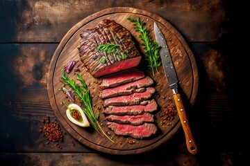 Poster - Medium-roasted flank steak on dark wooden board with green sprig of rosemary, created with generative ai