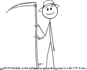 Poster - Farmer With Scythe Mowing Grass , Vector Cartoon Stick Figure Illustration