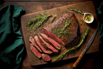 Poster - Flank steak with delicious fried crust cut and sprinkled with greens, created with generative ai