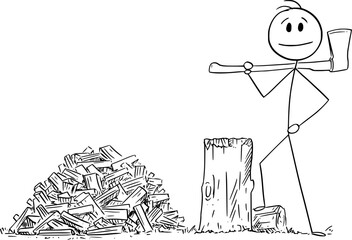 Lumberjack Chopping Wood With Ax, Vector Cartoon Stick Figure Illustration