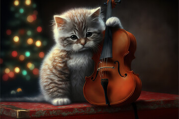 Sticker - kitten playing cello in Christmas Generative AI