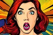 Surprised fashion girl opening her mouth. Pop art retro comic style. Generative AI