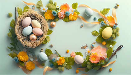 Canvas Print - Plate with Easter eggs and tulip flowers on light wooden background, AI Generated