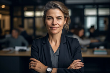 confident executive woman posing in front of the camera with her arms crossed, behind her colleagues