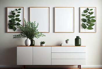 Wall Mural - Stylish interior of living room with mock up poster frame, commode, leaf in ceramic vase and elegant personal accessories. AI Generated