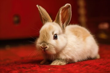 Canvas Print - Beautiful, healthy baby bunny with rabbit ears sitting on a red background. Little baby bunny with brown fur and white eyes on a red background is watching something while sitting on the carpet. Easte