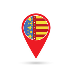 Map pointer with Valencian Community flag, autonomous community of Spain. Vector illustration.