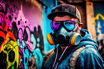 Wall Mural - Graffiti sprayer artist with mask and protective gear near wall (Generative AI)