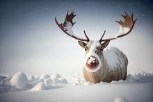 Generative Ai Of A Reindeer With Red Nose In Snow. 