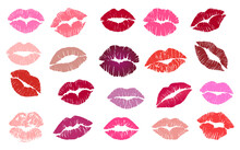 Set Of Lipstick Kiss Prints. Red, Pink, Purple, Wine, Magenta Lips. Different Shapes Female Sexy Lips. Lips Makeup. Female Mouth. Imprint Of Lips Kiss Vector Illustrations On Transparent Background. 