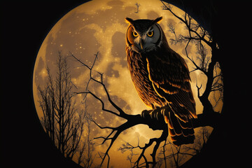 Wall Mural - Generative AI of an owl at full moon. 