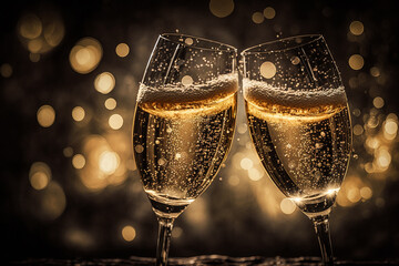 Two glasses of champagne with golden bokeh. Generative AI.