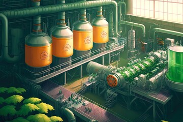 Poster - Food production factory interior with pipeline, tank and container, created with generative ai