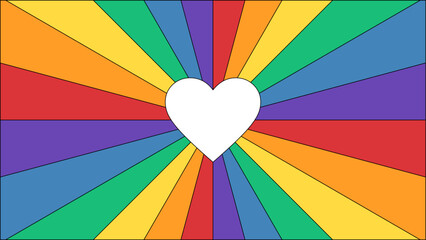 Wall Mural - Pride Background with LGBTQ Pride Flag Colours. Rainbow Sunburst Pattern with Love Heart Shape. Retro Gay Pride Wallpaper for Pride Month. Vector Illustration. 