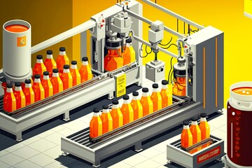 Poster - Beverage factory, conveyor belt with bottles, food and drink production line process, created with generative ai