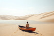 © Supermelon - Generative AI Illustration of an unrecognizable man inside a wooden boat in the middle of the desert in a minimalist and surreal dream image. Conceptual artwork about the world of dreams