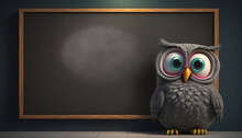 Cute Cartoon Owl In Front Of A Blackboard Banner With Space For Copy