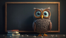 Cute Cartoon Owl In Front Of A Blackboard Banner With Space For Copy
