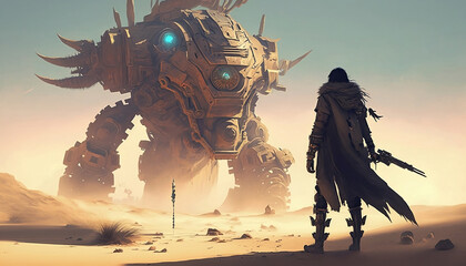 Apocalypse warrior facing a giant mechanical beast in desert