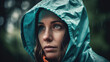 © nenetus - Pensive girl looking forwards in a raincoat while rainwater falls on her in the nature. Generative AI