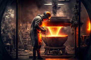 Canvas Print - Foundry industry worker stands near open smelting furnace and watches process, created with generative ai