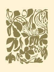 Wall Mural - Matisse art background vector. Abstract natural hand drawn pattern design with flowers, leaves, branches. Simple contemporary style illustrated Design for fabric, print, cover, banner, wallpaper.
