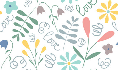 Wall Mural - Vector spring seamless pattern with minimal pastel multicolor flowers and leaves. Simple childish print.