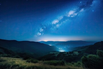 landscape with blue milky way. night sky with stars and hills at summer. beautiful universe. amazing