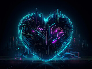 Heart love abstract neon style illustration on black background. Generative AI