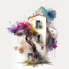 Poster - Watercolor mediterranean house. Old building and blooming garden. Vintage home and blossom tree, Provence, France or Tuscany, Italy. Generative ai illustration in watercolor style. Cute summer house