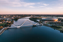 Panoramic Aerial View At Sunrise Of Matagarup Bridge Across The Swan River In The City Of Perth, Western Australia