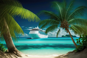 Wall Mural - Digital painting of Cruise To Caribbean With Palm tree On Coral Beach (ai generated)