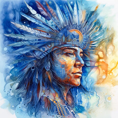 Wall Mural - Portrait of shaman in headdress with feathers. Painting in watercolor atyle, generative ai