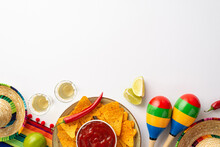 Celebrate Cinco De Mayo In Style With This Colorful Arrangement Of A Mexican Hat, Poncho, And Maracas, Accompanied By Tequila Shots, Lime Wedges, Chili Peppers, Nacho Chips, Salsa On White Background