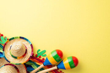 Cinco de Mayo celebration concept. Top flat lay photo of mexican sombrero colorful poncho maracas cactus decoration isolated on pastel yellow background with copy space