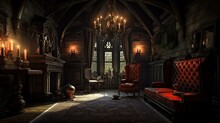 A Spooky Gothic Vintage Background: Step Into Dracula's Castle Living Room: Generative AI