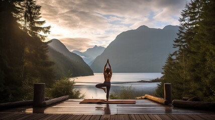 une femme de dos en train de faire du yoga devant un beau paysage naturel - generative ai