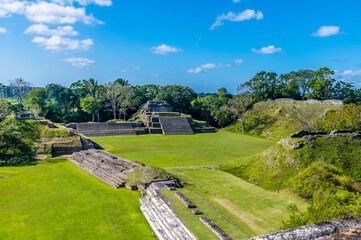 A view over the ancient Mayan city ruins of Altun Ha in Belize on a sunny day