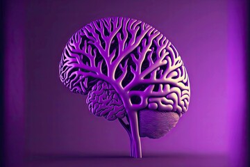 Poster - Three-dimensional model of human brain on bright purple background, created with generative ai